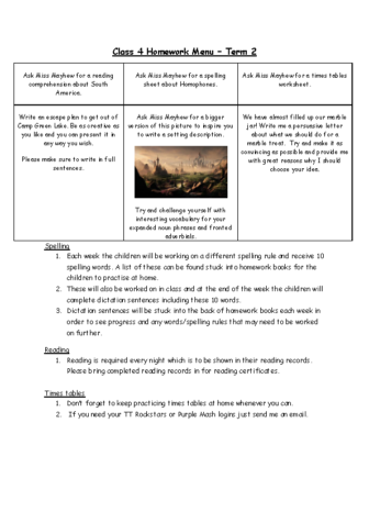 Class 4 Homework Menu Term 2