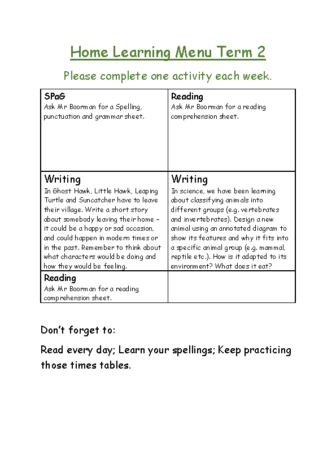 Home Learning Menu Term 2