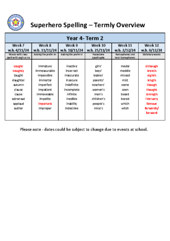 Year 4 Spellings Term 2