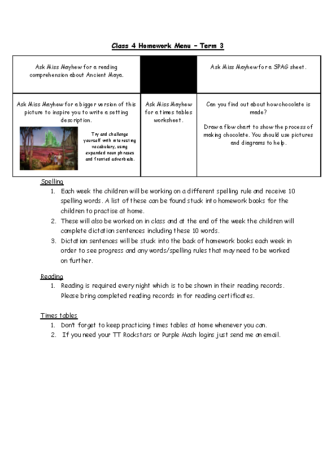 Class 4 Homework Menu Term 3