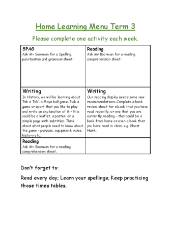 Home Learning Menu Term 3