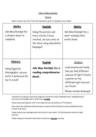 Class 3 Homework Menu Term 3