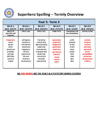 Year 5 Spelling Overview Term 3