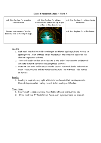 Class 4 Homework Menu Term 4